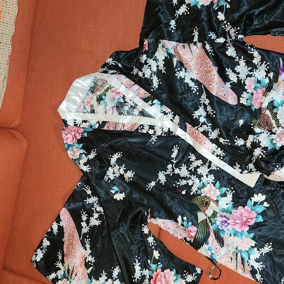 Costume kimono jacket geisha black with peacocks bow barrette belt Halloween 5XL - Picture 6 of 12